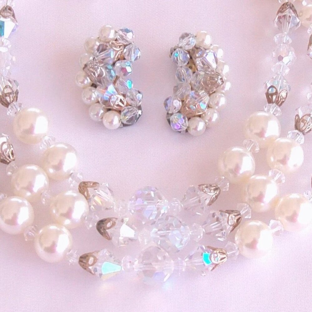1950s Crystal AB Glass Pearl 3 Strand Necklace Earring Set Parure Wedding